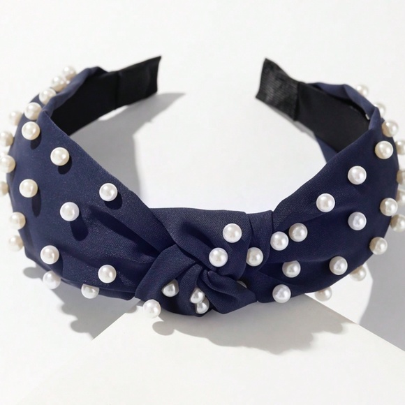 Women’s Navy Twist Knot Pearl Embellished Headband - Picture 1 of 3